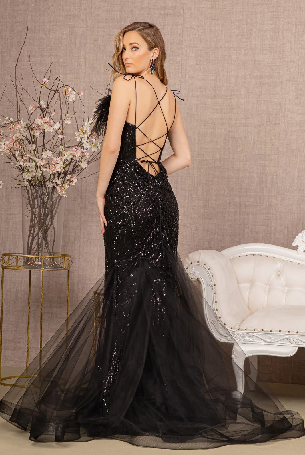 Sequin Sweetheart Mesh Trumpet Dress Feather Embellishment GLGL3117-PROM-smcfashion.com