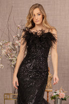 Sequin Sweetheart Mesh Trumpet Dress Feather Embellishment GLGL3117-PROM-smcfashion.com