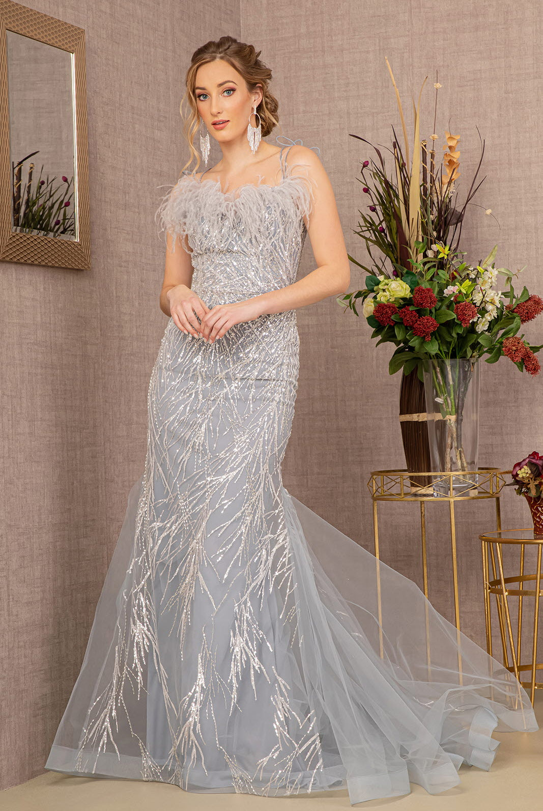 Sequin Sweetheart Mesh Trumpet Dress Feather Embellishment GLGL3117-PROM-smcfashion.com