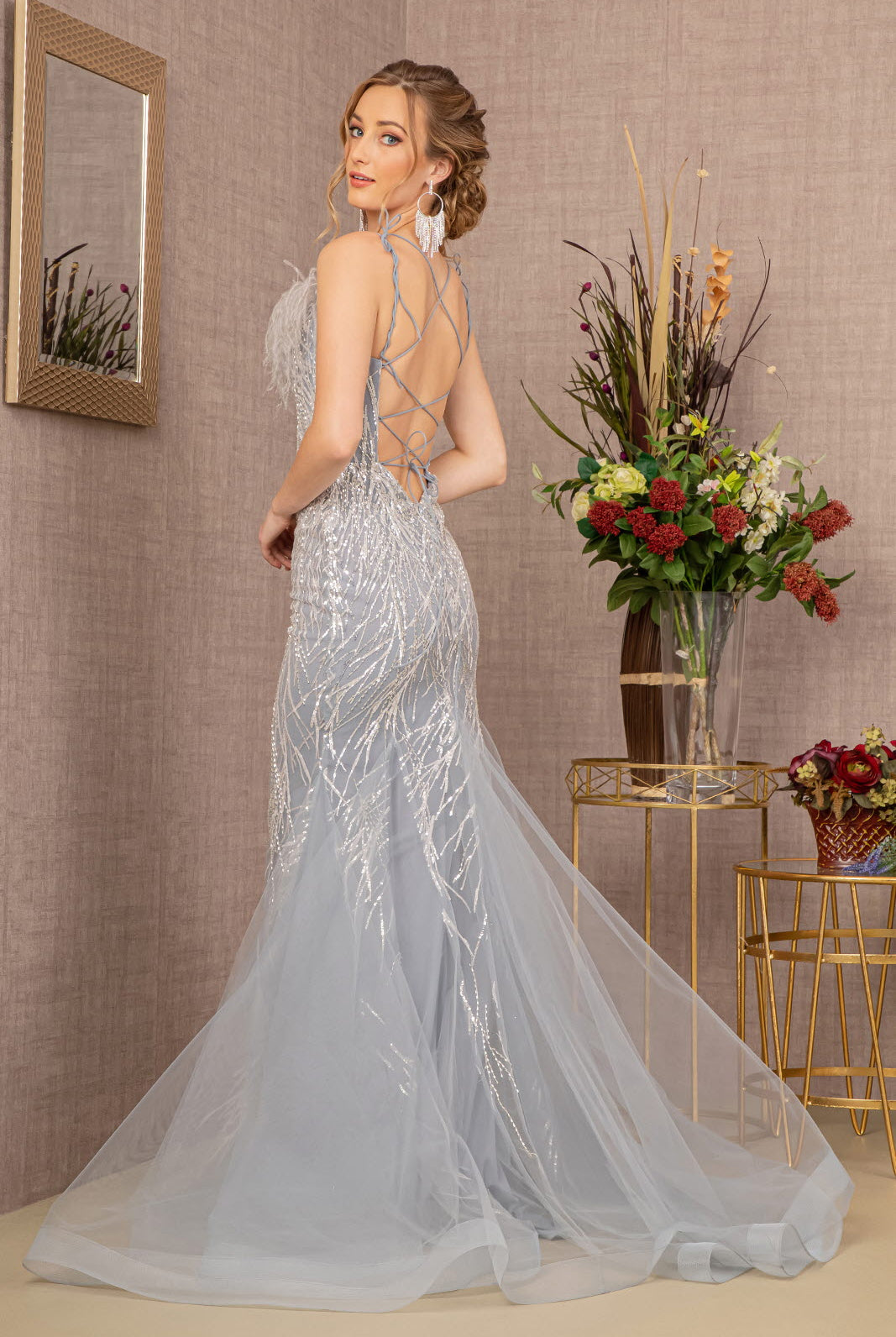 Sequin Sweetheart Mesh Trumpet Dress Feather Embellishment GLGL3117-PROM-smcfashion.com