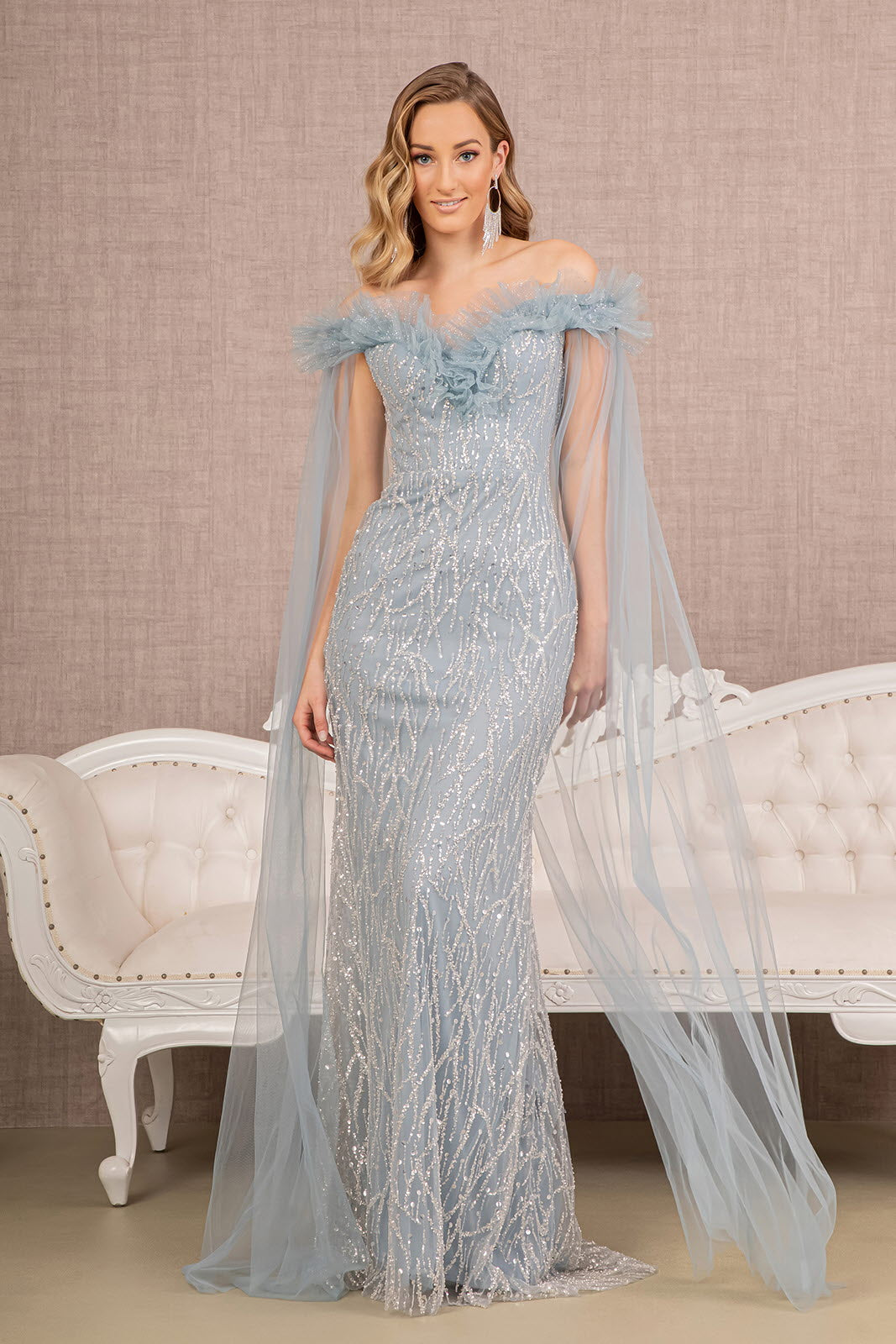 Sequin Bead Strapless Mesh Mermaid Dress Side Long Mesh Layer GLGL3120-PROM-smcfashion.com