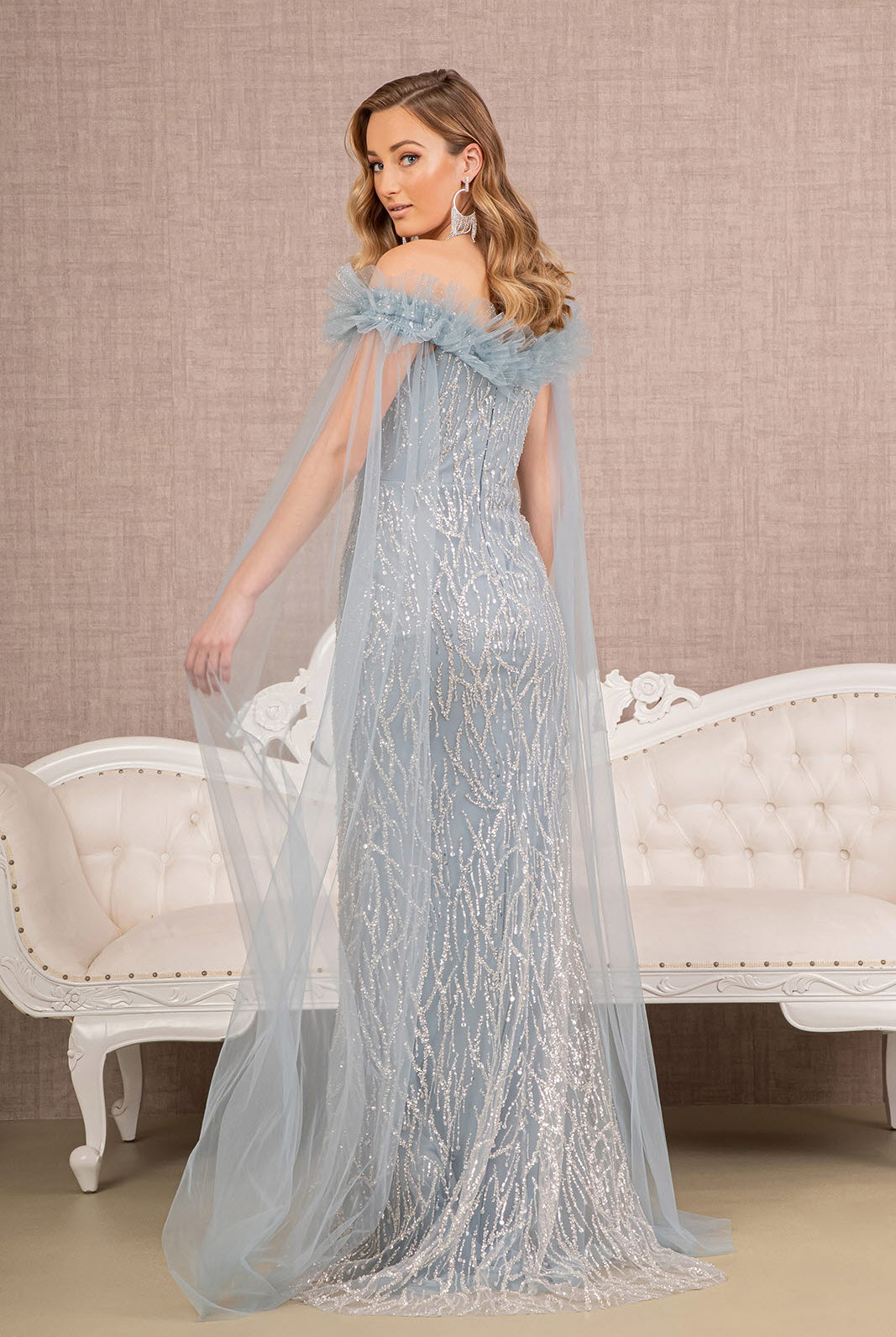 Sequin Bead Strapless Mesh Mermaid Dress Side Long Mesh Layer GLGL3120-PROM-smcfashion.com