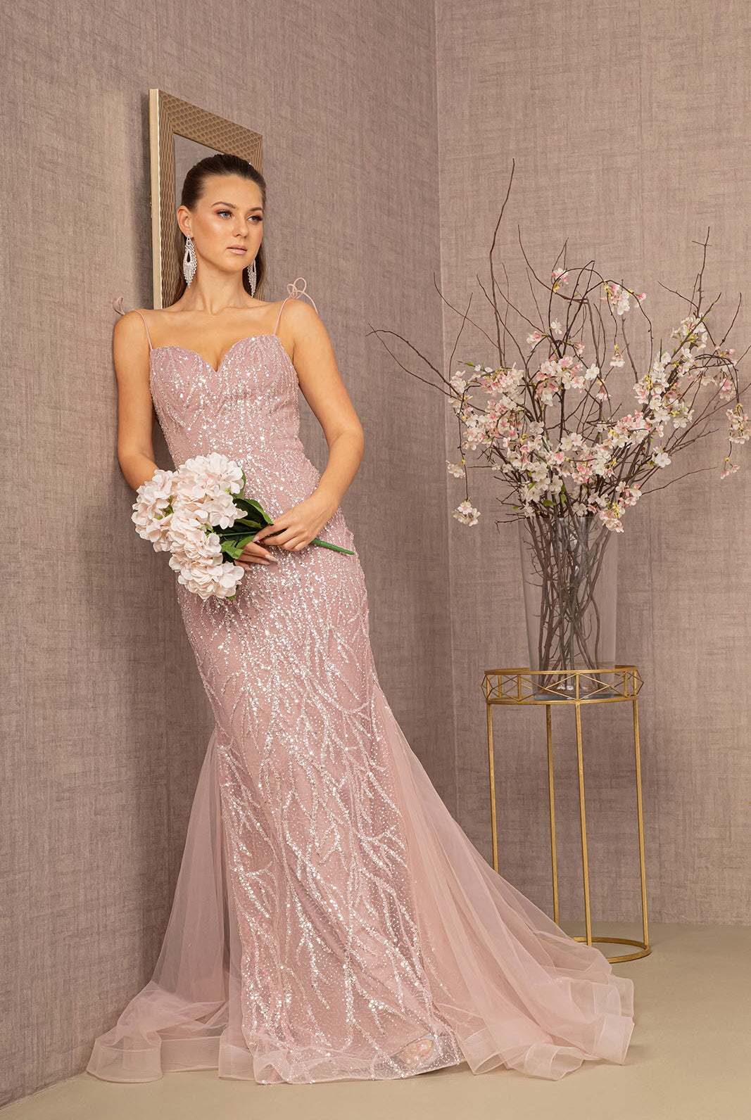 Sequin Bead Lace-up Back Trumpet Dress Mesh Tail GLGL3121-PROM-smcfashion.com