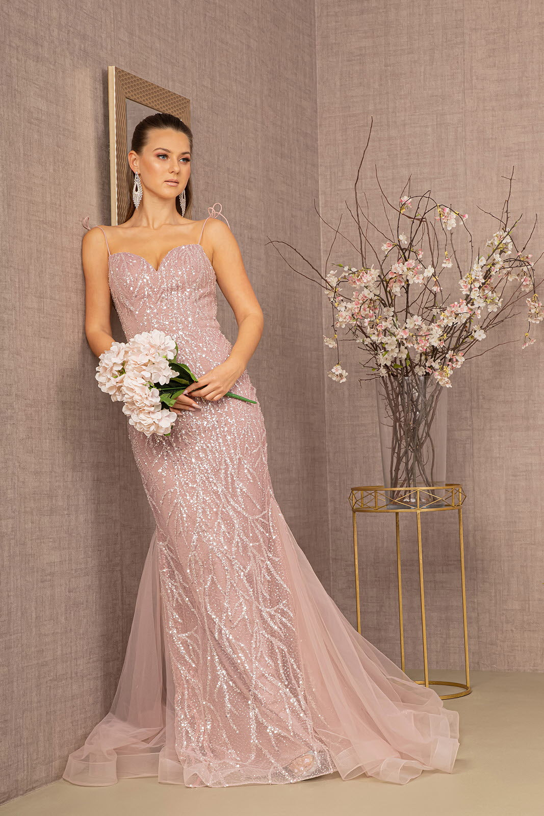 Sequin Bead Lace-up Back Trumpet Dress Mesh Tail GLGL3121-PROM-smcfashion.com