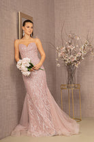 Sequin Bead Lace-up Back Trumpet Dress Mesh Tail GLGL3121-PROM-smcfashion.com
