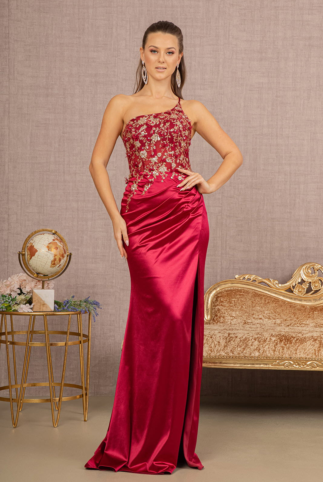 Strapless Sheer Bodice Glitter Satin Mermaid Dress Ruched Back GLGL3125-Prom Dress-smcfashion.com