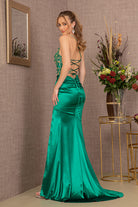 Strapless Sheer Bodice Glitter Satin Mermaid Dress Ruched Back GLGL3125-Prom Dress-smcfashion.com