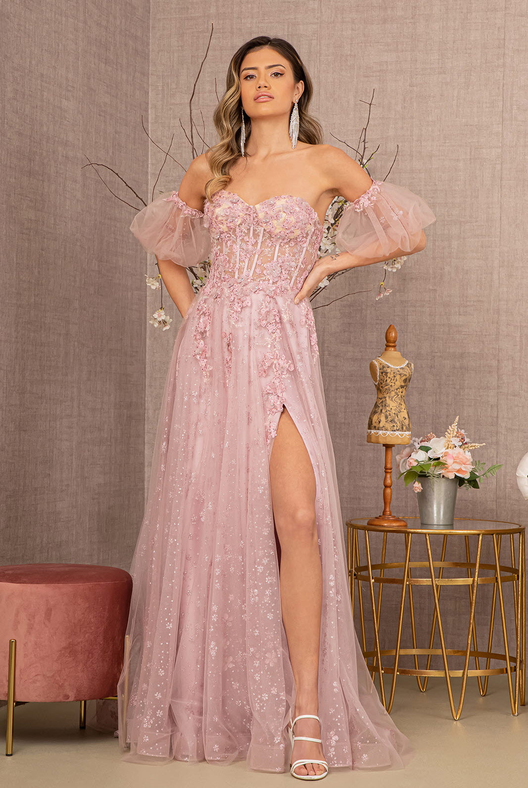 Strapless Sheer Bodice Mesh A-Line Dress Detachable Short Mesh Sleeves GLGL3126-Prom Dress-smcfashion.com
