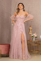 Strapless Sheer Bodice Mesh A-Line Dress Detachable Short Mesh Sleeves GLGL3126-Prom Dress-smcfashion.com