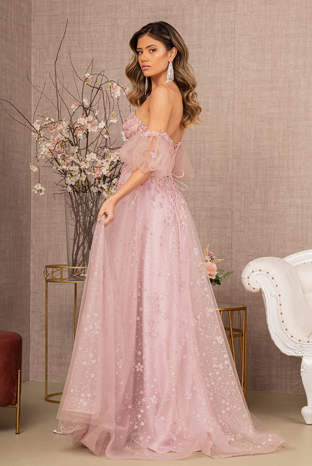Strapless Sheer Bodice Mesh A-Line Dress Detachable Short Mesh Sleeves GLGL3126-Prom Dress-smcfashion.com