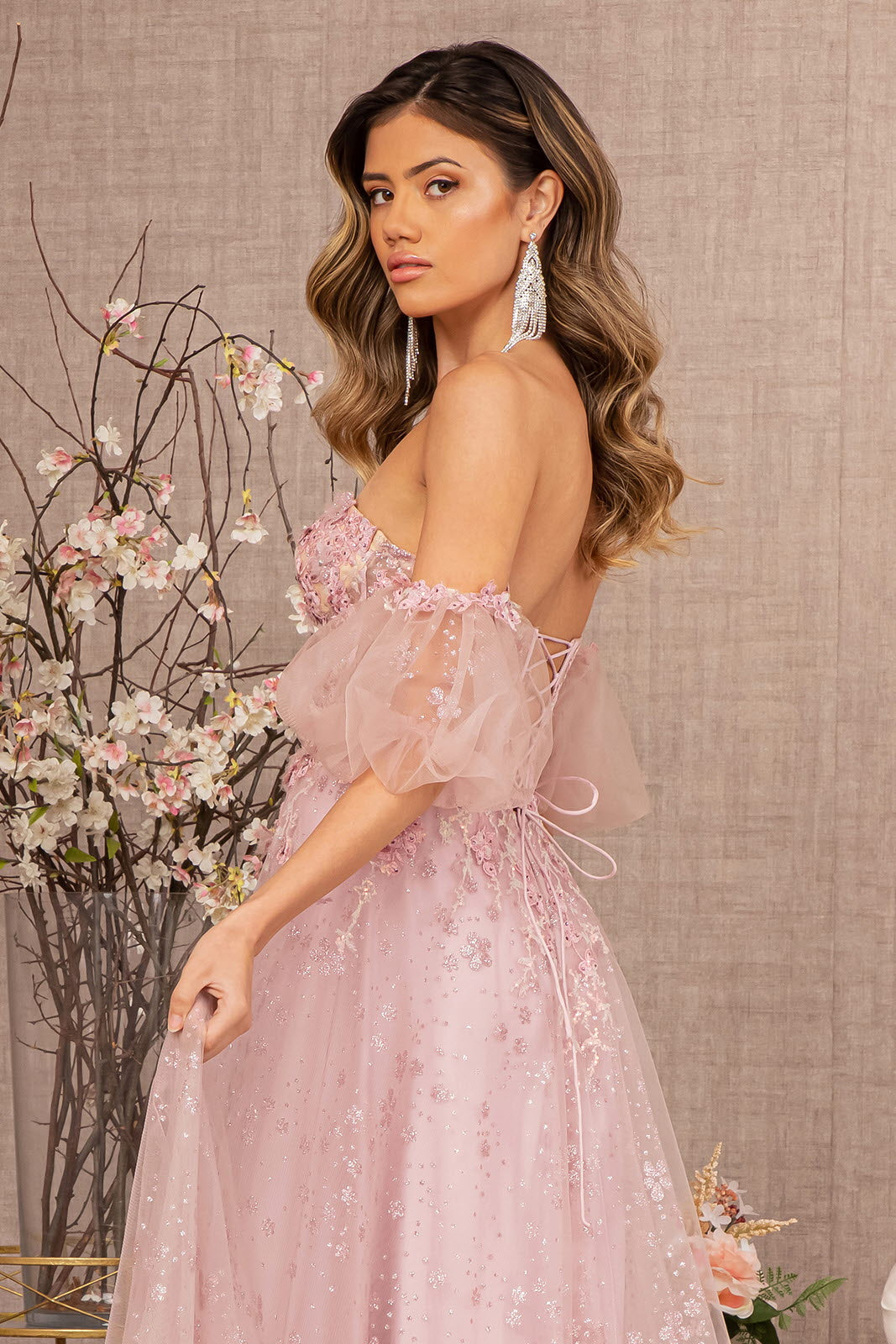 Strapless Sheer Bodice Mesh A-Line Dress Detachable Short Mesh Sleeves GLGL3126-Prom Dress-smcfashion.com