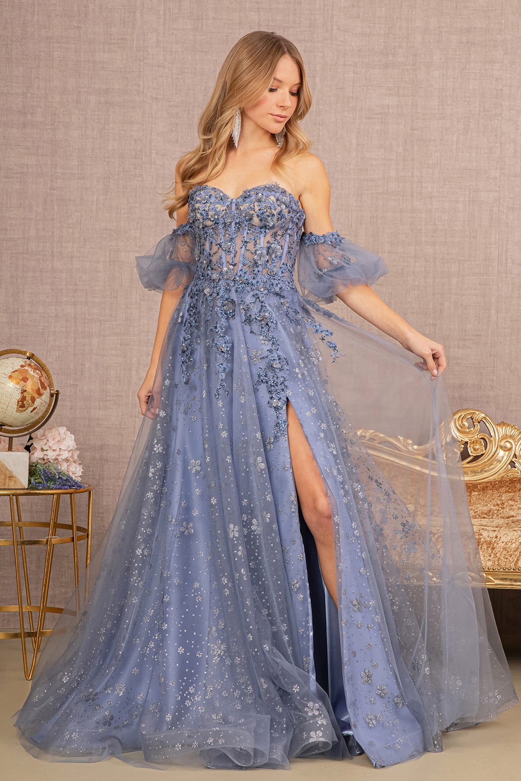 Strapless Sheer Bodice Mesh A-Line Dress Detachable Short Mesh Sleeves GLGL3126-Prom Dress-smcfashion.com