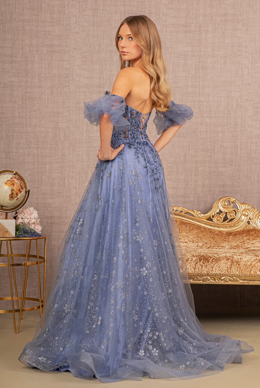 Strapless Sheer Bodice Mesh A-Line Dress Detachable Short Mesh Sleeves GLGL3126-Prom Dress-smcfashion.com