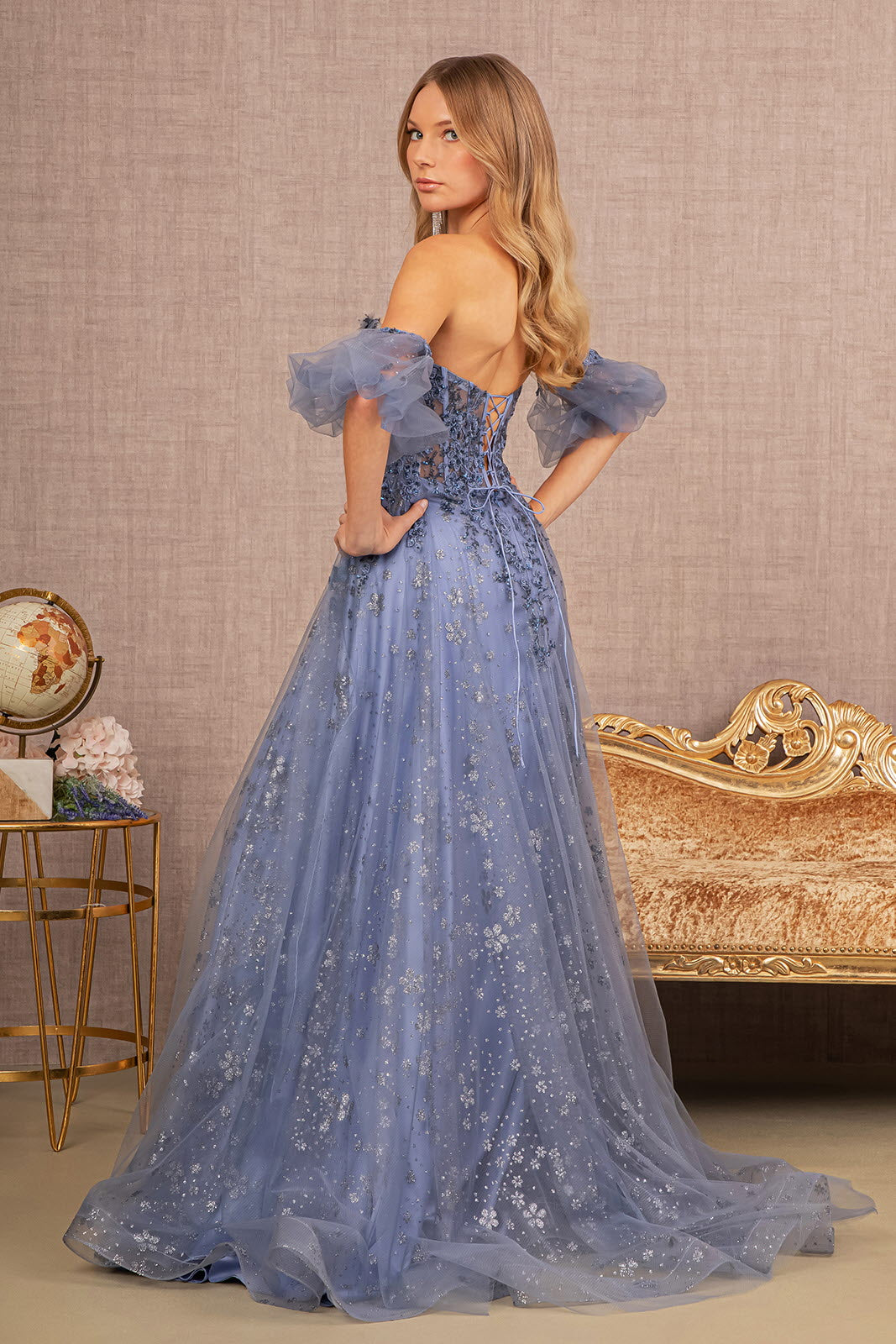 Strapless Sheer Bodice Mesh A-Line Dress Detachable Short Mesh Sleeves GLGL3126-Prom Dress-smcfashion.com