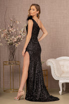Sheer Bodice Sequin Mesh Mermaid Dress Feather on Shoulder GLGL3129-Prom Dress-smcfashion.com