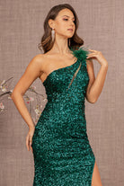 Sheer Bodice Sequin Mesh Mermaid Dress Feather on Shoulder GLGL3129-Prom Dress-smcfashion.com