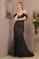 Sheer Bodice Sequin Glitter Trumpet Dress Feather on Straps GLGL3130-PROM-smcfashion.com
