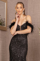 Sheer Bodice Sequin Glitter Trumpet Dress Feather on Straps GLGL3130-PROM-smcfashion.com