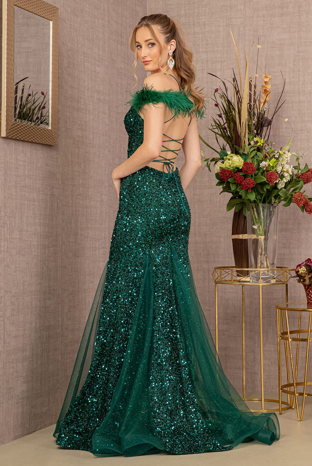 Sheer Bodice Sequin Glitter Trumpet Dress Feather on Straps GLGL3130-PROM-smcfashion.com