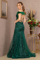 Sheer Bodice Sequin Glitter Trumpet Dress Feather on Straps GLGL3130-PROM-smcfashion.com