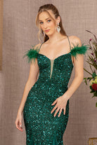 Sheer Bodice Sequin Glitter Trumpet Dress Feather on Straps GLGL3130-PROM-smcfashion.com