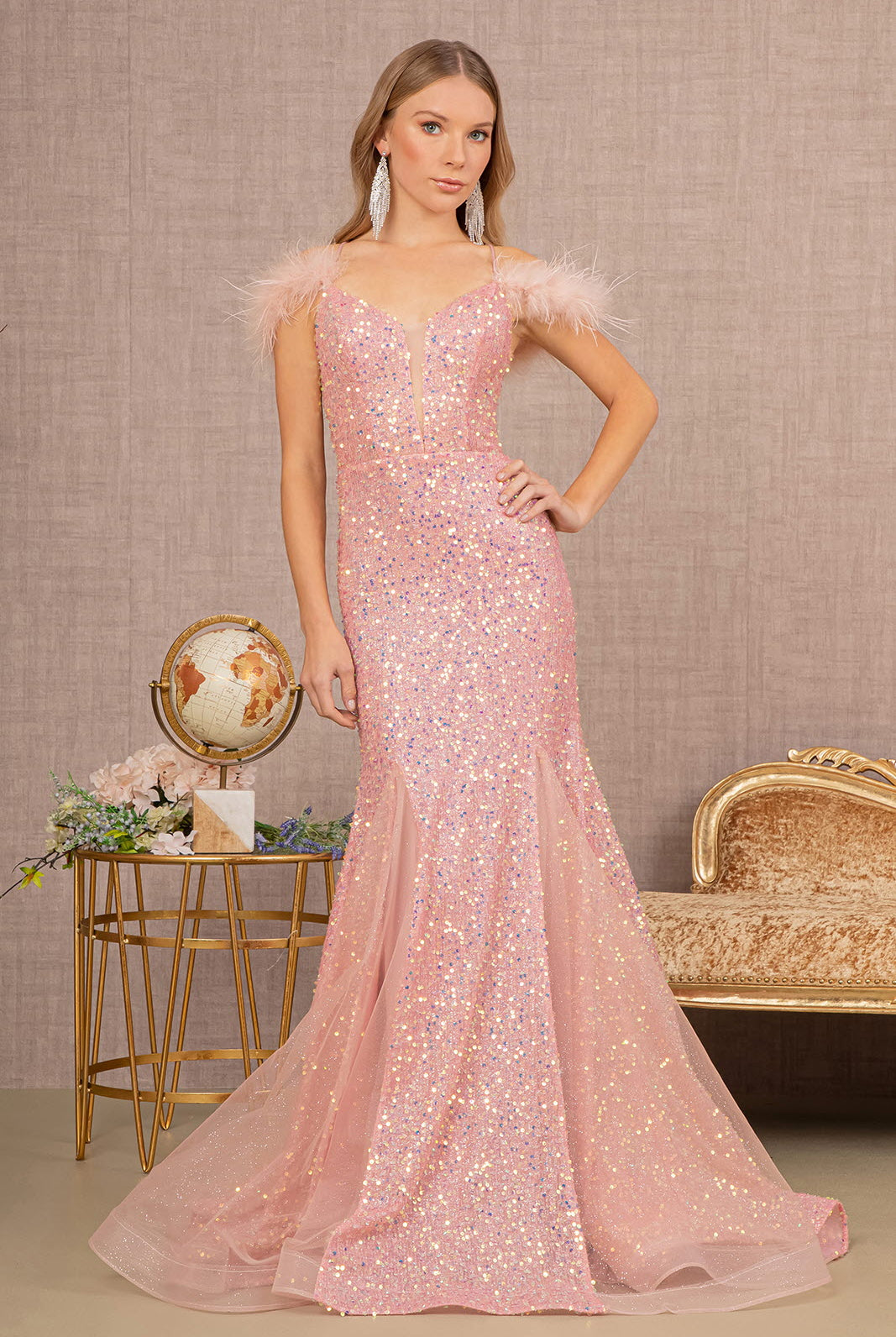 Sheer Bodice Sequin Glitter Trumpet Dress Feather on Straps GLGL3130-PROM-smcfashion.com