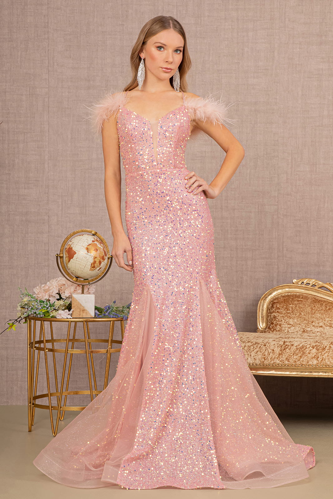 Sheer Bodice Sequin Glitter Trumpet Dress Feather on Straps GLGL3130-PROM-smcfashion.com