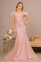 Sheer Bodice Sequin Glitter Trumpet Dress Feather on Straps GLGL3130-PROM-smcfashion.com
