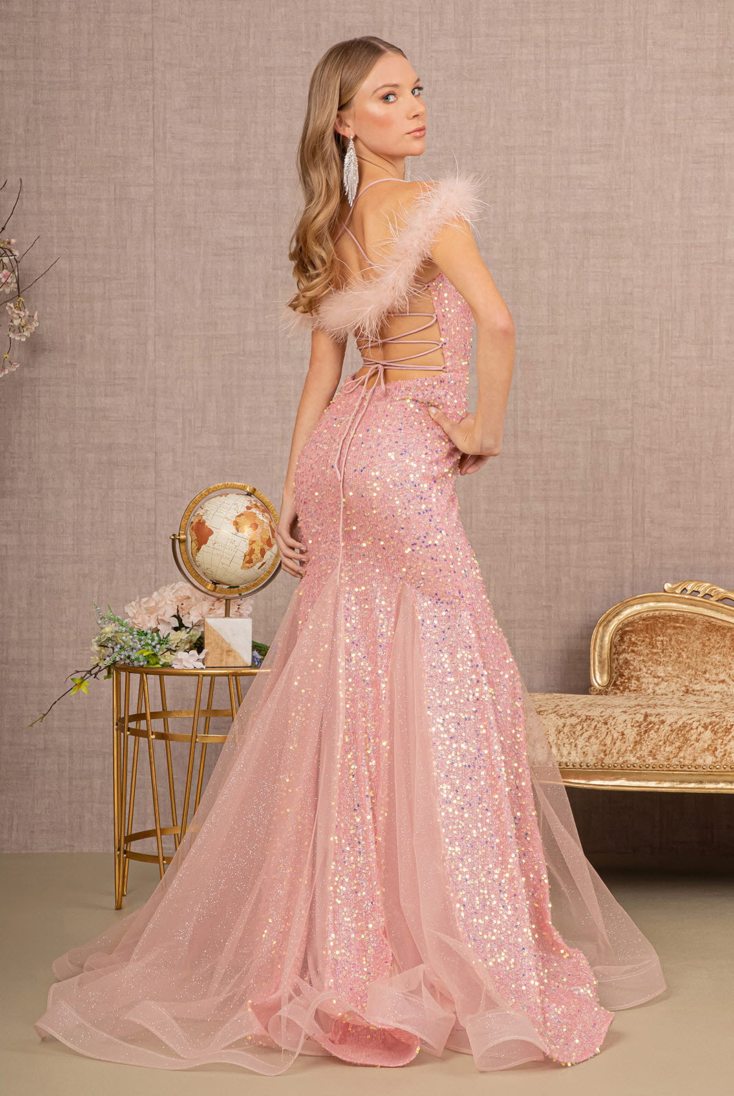 Sheer Bodice Sequin Glitter Trumpet Dress Feather on Straps GLGL3130-PROM-smcfashion.com