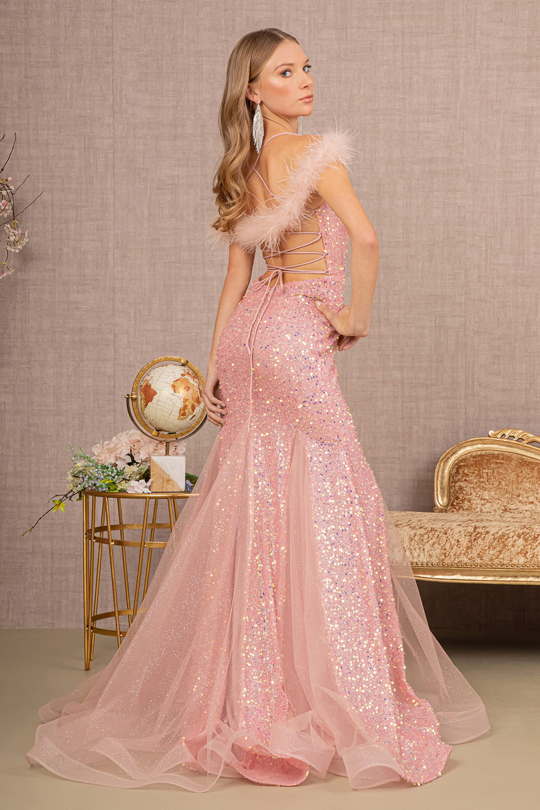 Sheer Bodice Sequin Glitter Trumpet Dress Feather on Straps GLGL3130-PROM-smcfashion.com