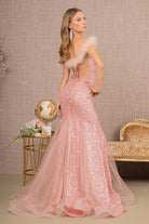 Sheer Bodice Sequin Glitter Trumpet Dress Feather on Straps GLGL3130-PROM-smcfashion.com