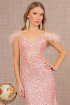 Sheer Bodice Sequin Glitter Trumpet Dress Feather on Straps GLGL3130-PROM-smcfashion.com