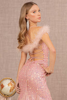 Sheer Bodice Sequin Glitter Trumpet Dress Feather on Straps GLGL3130-PROM-smcfashion.com