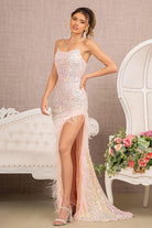 Feather Sequin Straight Across Mermaid Dress Side Slit GLGL3131-Prom Dress-smcfashion.com