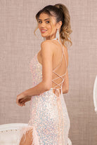 Feather Sequin Straight Across Mermaid Dress Side Slit GLGL3131-Prom Dress-smcfashion.com