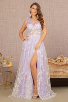 Feather Sheer Bodice Asymmetric A-line Dress Flower Applique GLGL3134-PROM-smcfashion.com