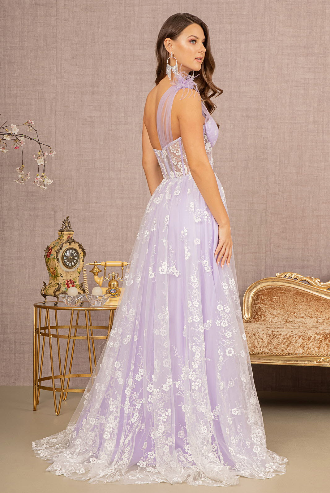 Feather Sheer Bodice Asymmetric A-line Dress Flower Applique GLGL3134-PROM-smcfashion.com