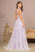 Feather Sheer Bodice Asymmetric A-line Dress Flower Applique GLGL3134-PROM-smcfashion.com