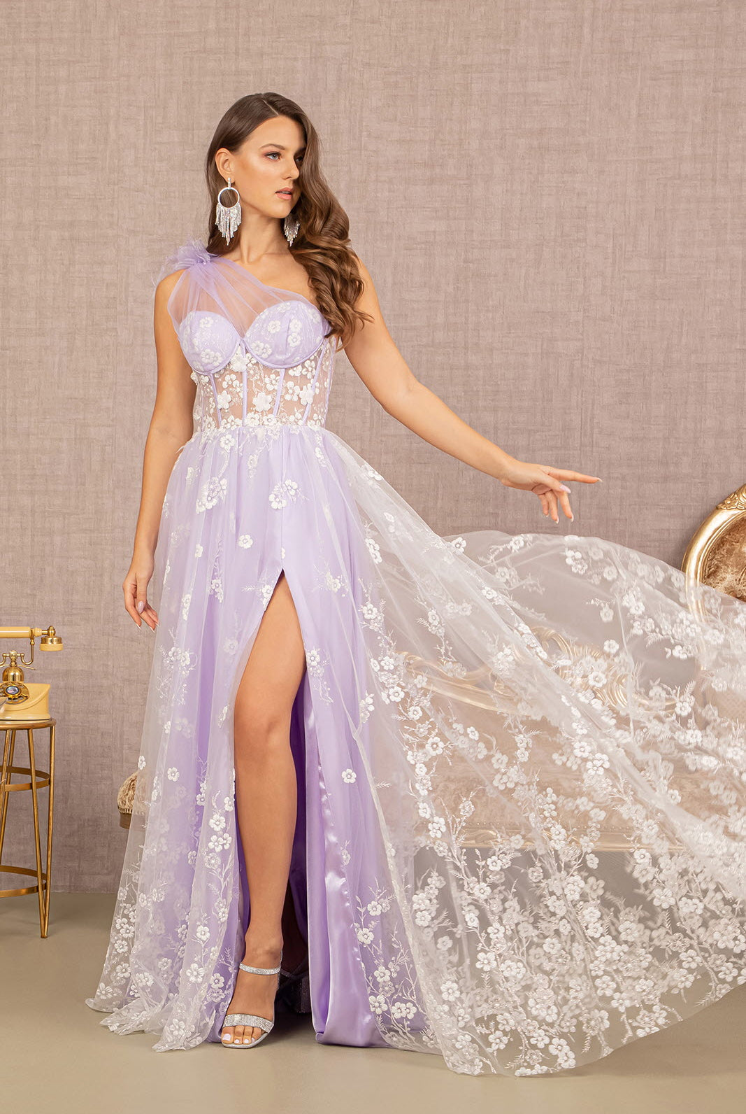 Feather Sheer Bodice Asymmetric A-line Dress Flower Applique GLGL3134-PROM-smcfashion.com