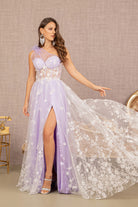 Feather Sheer Bodice Asymmetric A-line Dress Flower Applique GLGL3134-PROM-smcfashion.com