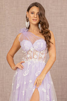 Feather Sheer Bodice Asymmetric A-line Dress Flower Applique GLGL3134-PROM-smcfashion.com