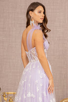 Feather Sheer Bodice Asymmetric A-line Dress Flower Applique GLGL3134-PROM-smcfashion.com