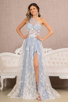 Feather Sheer Bodice Asymmetric A-line Dress Flower Applique GLGL3134-PROM-smcfashion.com