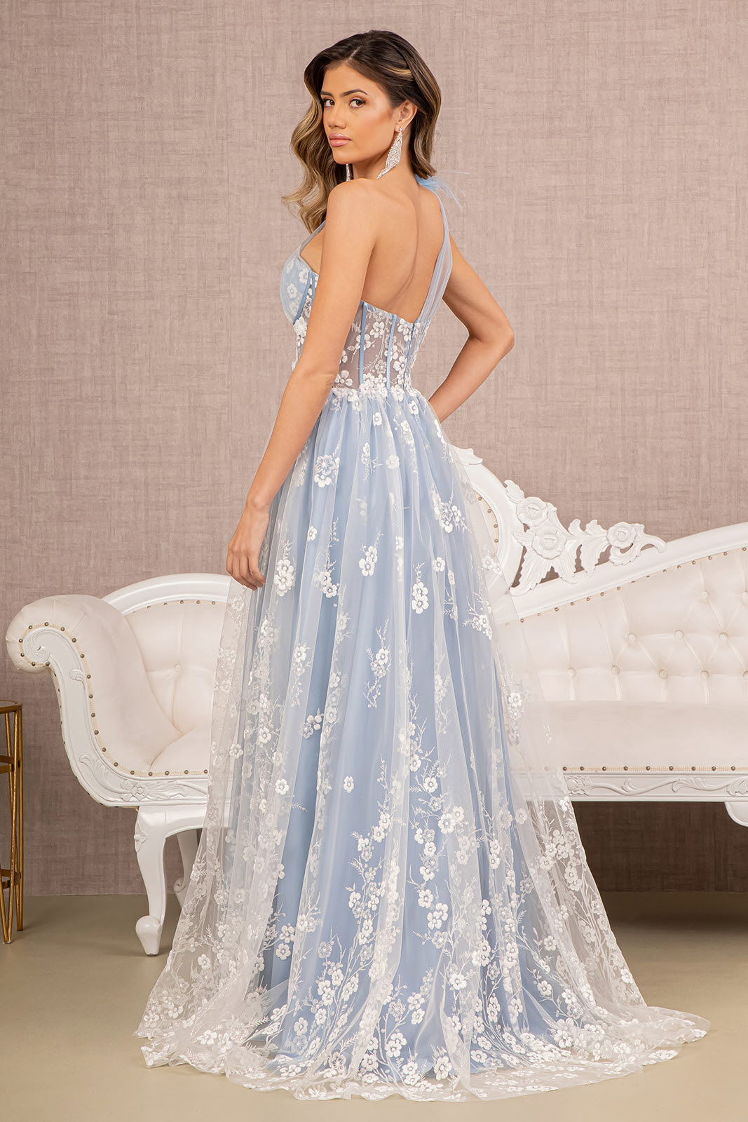 Feather Sheer Bodice Asymmetric A-line Dress Flower Applique GLGL3134-PROM-smcfashion.com