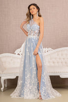 Feather Sheer Bodice Asymmetric A-line Dress Flower Applique GLGL3134-PROM-smcfashion.com