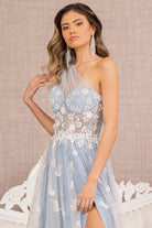 Feather Sheer Bodice Asymmetric A-line Dress Flower Applique GLGL3134-PROM-smcfashion.com