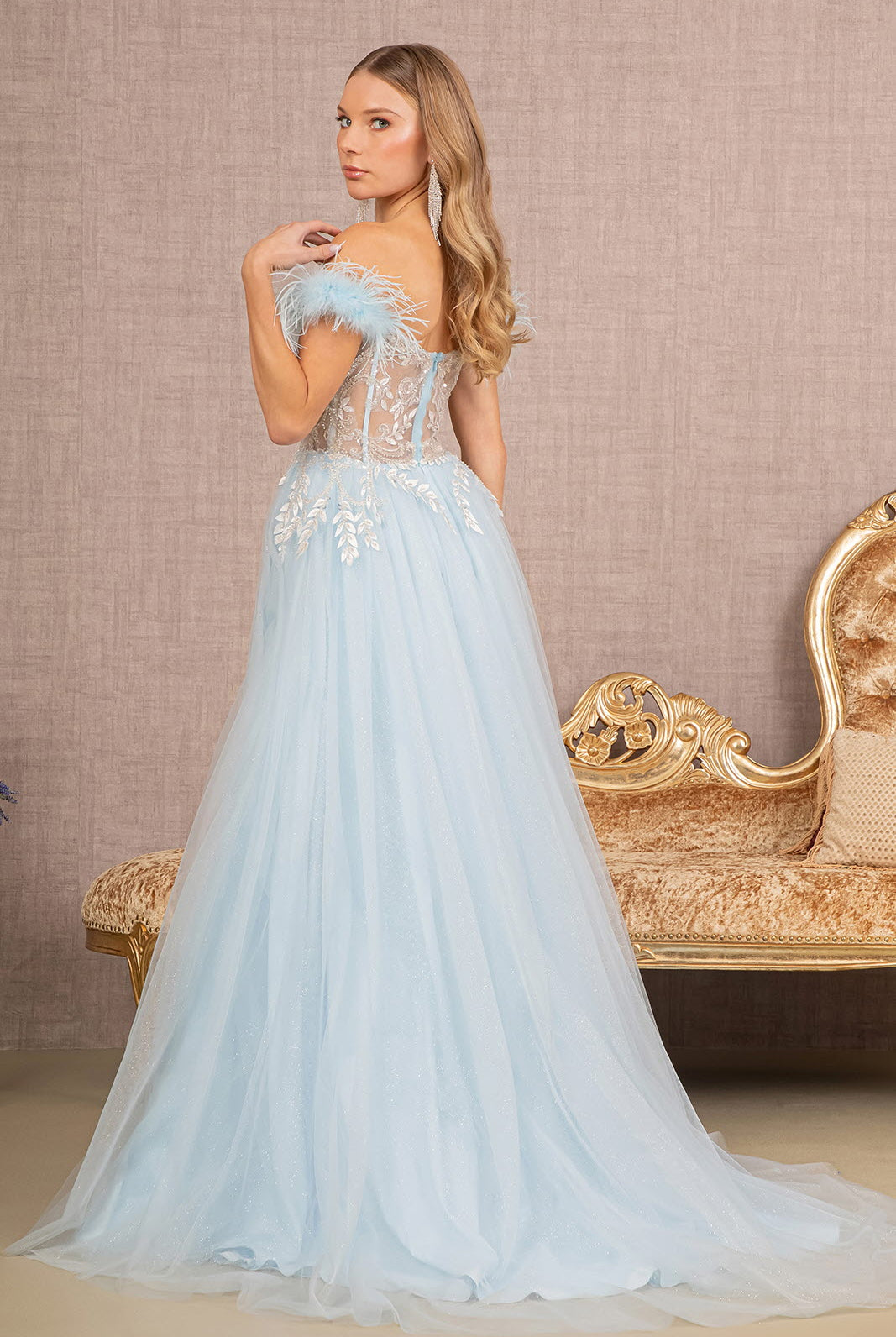 Feather Straps Sheer Bodice Glitter Sequin Mesh A-line Dress GLGL3135-PROM-smcfashion.com