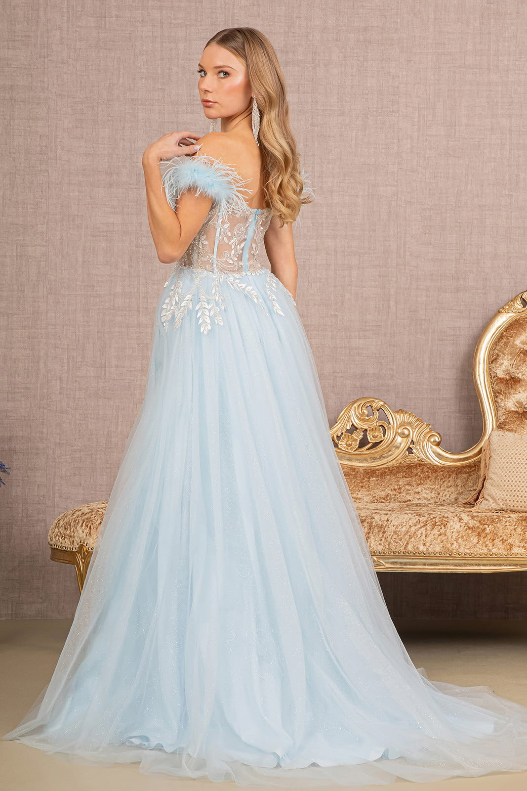 Feather Straps Sheer Bodice Glitter Sequin Mesh A-line Dress GLGL3135-PROM-smcfashion.com
