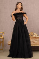 Embroidery Sheer Front Mesh A-line Dress Feather Embellishment GLGL3138-PROM-smcfashion.com