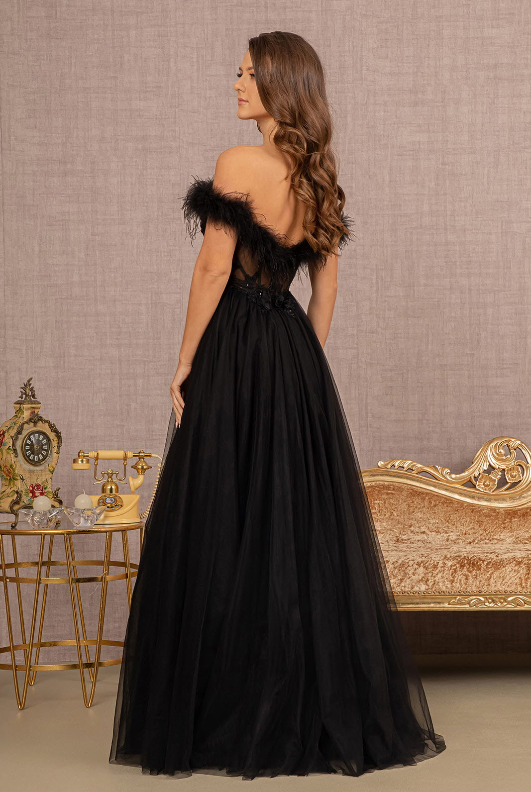 Embroidery Sheer Front Mesh A-line Dress Feather Embellishment GLGL3138-PROM-smcfashion.com